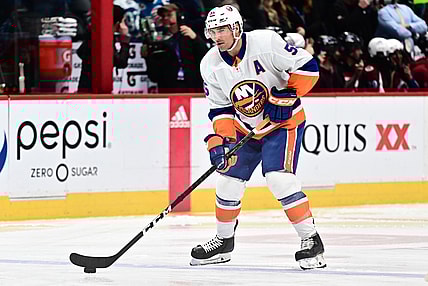 Feb 19, 2020; Denver, Colorado, USA; New York Islanders defenseman Johnny Boychuk (55) before the game against the Colorado Avalanche at the Pepsi Center. Mandatory Credit: Ron Chenoy-USA TODAY Sports