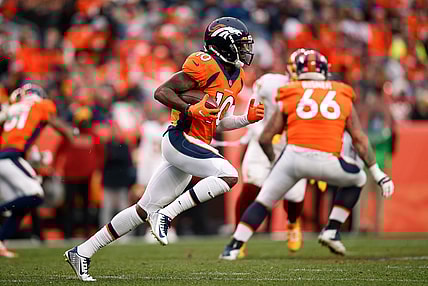 Oct 31, 2021; Denver, Colorado, USA; Denver Broncos wide receiver Jerry Jeudy (10) runs the ball in the fourth quarter against the Washington Football Team at Empower Field at Mile High. Mandatory Credit: Isaiah J. Downing-USA TODAY Sports