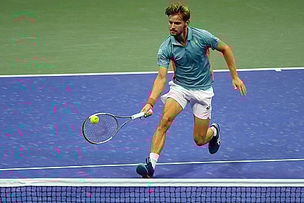 Sep 6, 2020; Flushing Meadows, New York, USA; David Goffin of Belgium hits the ball against  Denis Shapovalov of Canada on day seven of the 2020 U.S. Open tennis tournament at USTA Billie Jean King National Tennis Center. Mandatory Credit: Robert Deutsch-USA TODAY Sports