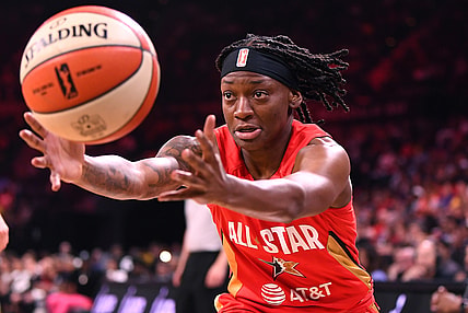 Jul 27, 2019; Las Vegas, NV, USA; Team Wilson guard Erica Wheeler (17) reaches for the ball during the first half of the WNBA All Star Game at Mandalay Bay Events Center. Mandatory Credit: Stephen R. Sylvanie-USA TODAY Sports