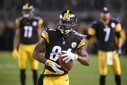 Dec 2, 2018; Pittsburgh, PA, USA;  Pittsburgh Steelers wide receiver Antonio Brown (84) prepares to play the Los Angeles Chargers at Heinz Field. Mandatory Credit: Philip G. Pavely-USA TODAY Sports