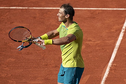 May 27, 2022; Paris, France; Rafael Nadal (ESP) celebrates match point during his match against Botic Van De Zandschulp (NED) on day six of the French Open at Stade Roland-Garros. Mandatory Credit: Susan Mullane-USA TODAY Sports