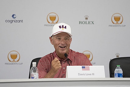 Sep 20, 2022; Charlotte, North Carolina, USA; Team USA captain Davis Love III smiles while addressing the media in a press conference during a practice day for the Presidents Cup golf tournament at Quail Hollow Club. Mandatory Credit: Kyle Terada-USA TODAY Sports