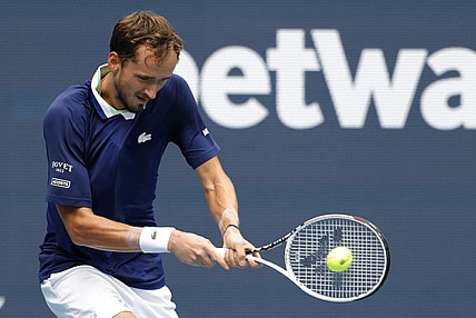 Mar 31, 2022; Miami Gardens, FL, USA; Daniil Medvedev serves against Hubert Hurkacz (POL)(not pictured) in a men's singles quarterfinal in the Miami Open at Hard Rock Stadium. Mandatory Credit: Geoff Burke-USA TODAY Sports