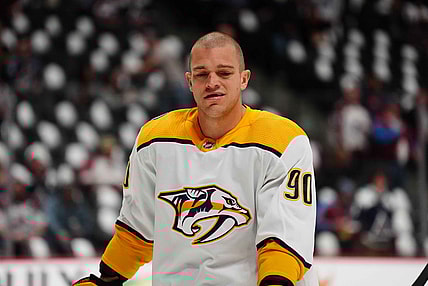 May 5, 2022; Denver, Colorado, USA; Nashville Predators defenseman Mark Borowiecki (90) warms up before game two of the first round of the 2022 Stanley Cup Playoffs against the Colorado Rockies at Ball Arena. Mandatory Credit: Ron Chenoy-USA TODAY Sports