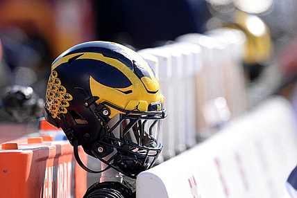 Oct 12, 2019; Champaign, IL, USA; A Michigan Wolverines helmet sits on the back of the bench during the second half of the game against the Illinois Fighting Illini at Memorial Stadium. Mandatory Credit: Michael Allio-USA TODAY Sports