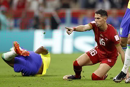 Nov 24, 2022; Lusail, Qatar; Serbia midfielder Sasa Lukic (16) reacts against Brazil during the first half in a group stage match during the 2022 World Cup at Lusail Stadium. Mandatory Credit: Yukihito Taguchi-USA TODAY Sports