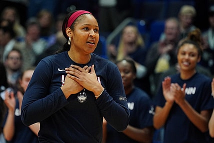 Jan 27, 2020; Hartford, Connecticut, USA; Former UConn Huskies player Maya Moore is honored before the game against the UConn Huskies and 2020 USA Womens National Team at XL Center. Mandatory Credit: David Butler II-USA TODAY Sports