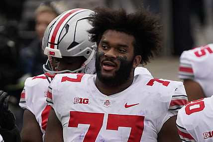 Nov 5, 2022; Evanston, Illinois, USA; Ohio State Buckeyes offensive lineman Paris Johnson Jr. (77) headshot after the game at Ryan Field. Mandatory Credit: David Banks-USA TODAY Sports