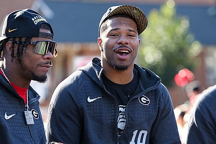 Jan 14, 2023; Athens, GA, USA; Georgia Bulldogs linebacker Jamon Dumas-Johnson (10) at the national championship celebration at Sanford Stadium. Mandatory Credit: Brett Davis-USA TODAY Sports