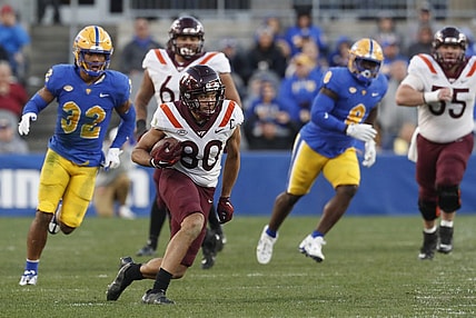 Oct 8, 2022; Pittsburgh, Pennsylvania, USA;  Virginia Tech Hokies wide receiver Kaleb Smith (80) runs after a catch against the Pittsburgh Panthers during the fourth quarter at Acrisure Stadium. Pittsburgh won 45-29. Mandatory Credit: Charles LeClaire-USA TODAY Sports