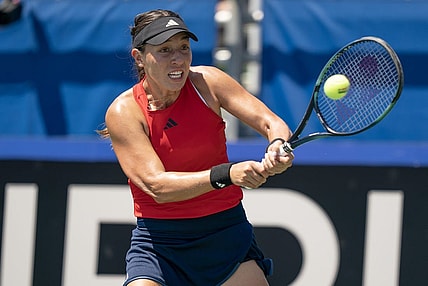 Apr 15, 2023; Delray Beach, FL, USA; Jessica Pegula (USA) returns a shot against Julia Grabher (AUT) in the Billie Jean King Cup tie against Austria at Delray Beach Tennis Center. Mandatory Credit: Susan Mullane-USA TODAY Sports