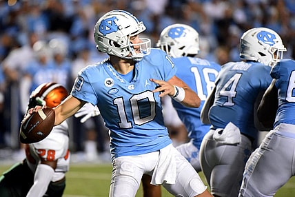 Aug 27, 2022; Chapel Hill, North Carolina, USA; North Carolina Tar Heels quarterback Drake Maye (10) throws the ball against the Florida A&M Rattlers during the second half at Kenan Memorial Stadium. Mandatory Credit: Rob Kinnan-USA TODAY Sports