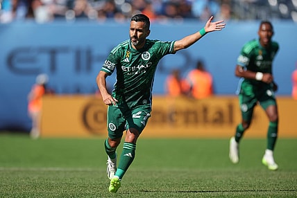 Sep 2, 2023; New York, New York, USA; New York City FC midfielder Maxi Moralez (27) runs up field against the Vancouver Whitecaps during the first half at Yankee Stadium. Mandatory Credit: Vincent Carchietta-USA TODAY Sports