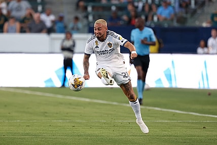 Sep 10, 2023; Carson, California, USA; Los Angeles Galaxy midfielder Diego Fagundez (21) fields the ball in the second half against St. Louis CITY SC at Dignity Health Sports Park. Mandatory Credit: Kiyoshi Mio-USA TODAY Sports
