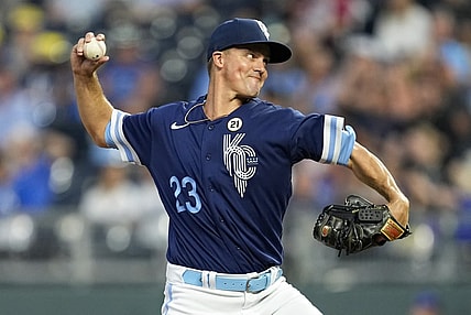 Sep 15, 2023; Kansas City, Missouri, USA; Kansas City Royals starting pitcher Zack Greinke (23) pitches during the first inning against the Houston Astros at Kauffman Stadium. Mandatory Credit: Jay Biggerstaff-USA TODAY Sports