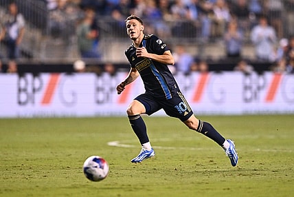 Oct 4, 2023; Philadelphia, Pennsylvania, USA; Philadelphia Union midfielder Daniel Gazdag (10) chases the ball in the first half against the Atlanta United at Subaru Park. Mandatory Credit: Kyle Ross-USA TODAY Sports
