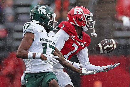 Oct 14, 2023; Piscataway, New Jersey, USA; Michigan State Spartans linebacker Aaron Brule (7) breaks up a pass intended for Michigan State Spartans wide receiver Tre Mosley (17) during the first half at SHI Stadium. Mandatory Credit: Vincent Carchietta-USA TODAY Sports