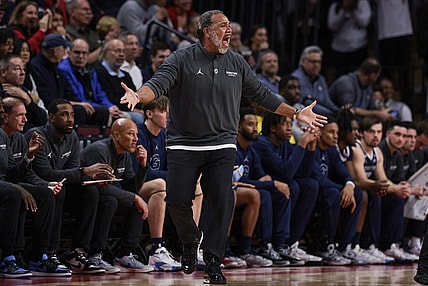 Nov 15, 2023; Piscataway, New Jersey, USA; Georgetown Hoyas head coach Ed Cooley reacts during the first half against the Rutgers Scarlet Knights at Jersey Mike's Arena. Mandatory Credit: Vincent Carchietta-USA TODAY Sports