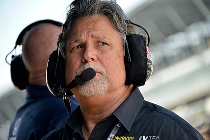 Friday, May 12, 2023, Michael Andretti, owner of Andretti Autosport, watches action during practice for the GMR Grand Prix at Indianapolis Motor Speedway.