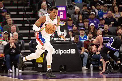Feb 7, 2024; Sacramento, California, USA; Detroit Pistons guard Jaden Ivey (23) pushes the ball up the court during the second quarter at Golden 1 Center. Mandatory Credit: Ed Szczepanski-USA TODAY Sports