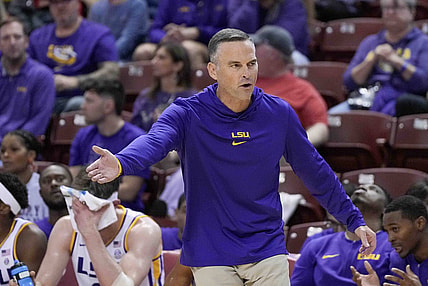 Nov 17, 2023; Charleston, SC, USA; LSU Tigers head coach Matt McMahon reacts to action on the court in the first half against the North Texas Mean Green at TD Arena. Mandatory Credit: David Yeazell-USA TODAY Sports
