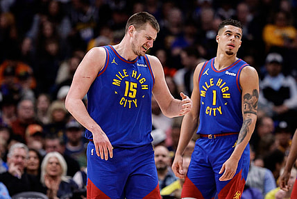 Mar 9, 2024; Denver, Colorado, USA; Denver Nuggets center Nikola Jokic (15) reacts after a play in the second quarter against the Utah Jazz at Ball Arena. Mandatory Credit: Isaiah J. Downing-USA TODAY Sports
