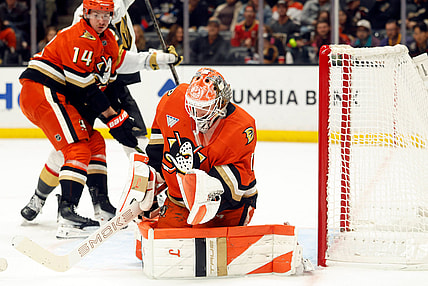 Anaheim Ducks goaltender Lukáš Dostál makes a save against the Vegas Golden Knights (Photo/Screenshot- Anaheim Ducks via Twitter)