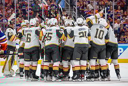The Vegas Golden Knights celebrate their Game 3 win over the Edmonton Oilers 5/10/2025 (Photo/Screenshot- Vegas Golden Knights via Twitter)