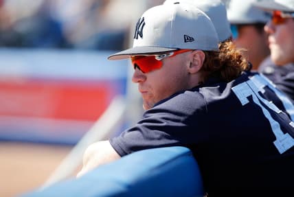 Caption: Mar 3, 2017; Dunedin, FL, USA; New York Yankees center fielder Clint Frazier (75) looks on against the Toronto Blue Jays at Florida Auto Exchange Stadium. Mandatory Credit: Kim Klement-USA TODAY Sports