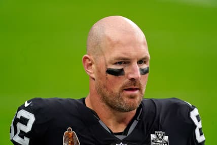 Nov 15, 2020; Paradise, Nevada, USA; Las Vegas Raiders tight end Jason Witten (82) during the first half against the Denver Broncos at Allegiant Stadium. Mandatory Credit: Kirby Lee-USA TODAY Sports