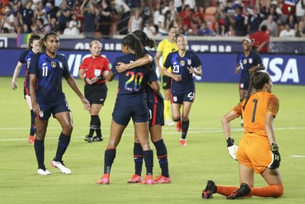 Jun 13, 2021; Houston, Texas, USA; United States defender Margaret Purce (20) celebrates her goal against Jamaica goalkeeper Sydney Schneider (1) in the first half during a WNT Summer Series international friendly soccer match at BBVA Stadium. Mandatory Credit: Thomas Shea-USA TODAY Sports