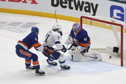Jun 23, 2021; Uniondale, New York, USA; Tampa Bay Lightning center Anthony Cirelli (71) puts the puck past New York Islanders goaltender Semyon Varlamov (40) for a goal during the second period in game six of the 2021 Stanley Cup Semifinals at Nassau Veterans Memorial Coliseum. Mandatory Credit: Andy Marlin-USA TODAY Sports