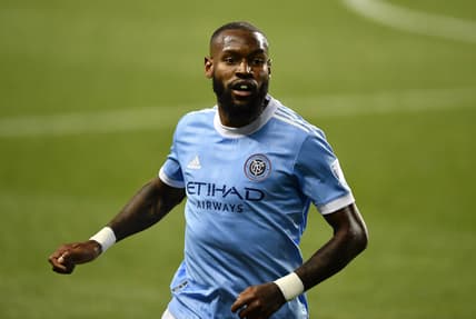 May 1, 2021; Philadelphia, Pennsylvania, USA; New York City FC defender Sebastien Ibeagha (5) runs toward the sideline in the first half against the Philadelphia Union at Talen Energy Stadium. Mandatory Credit: Kyle Ross-USA TODAY Sports