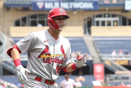 Aug 12, 2021; Pittsburgh, Pennsylvania, USA;  St. Louis Cardinals right fielder Lars Nootbaar (68) reacts after hitting a two run pinch hit home run against the Pittsburgh Pirates during the fourth inning at PNC Park. Mandatory Credit: Charles LeClaire-USA TODAY Sports