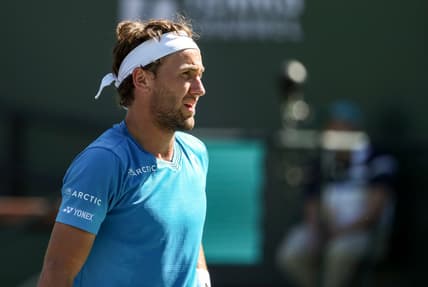 Casper Ruud of Norway looks up to the stands while playing Diego Schwartzman of Argentina during their round four match of the BNP Paribas Open, Wednesday, Oct. 13, 2021, in Indian Wells, Calif.