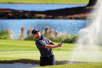 Nov 19, 2021; Sea Island, Georgia, USA; Talor Gooch plays a shot from a bunker on the 17th hole during the second round of the RSM Classic golf tournament at Sea Island Golf Club - Plantation Course. Mandatory Credit: John David Mercer-USA TODAY Sports
