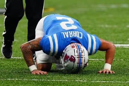 Jan 1, 2022; New Orleans, LA, USA; Mississippi Rebels quarterback Matt Corral (2) reacts after an apparent injury while being sacked by Baylor Bears defensive tackle Cole Maxwell (not pictured) during the first half in the 2022 Sugar Bowl at Caesars Superdome. Mandatory Credit: John David Mercer-USA TODAY Sports