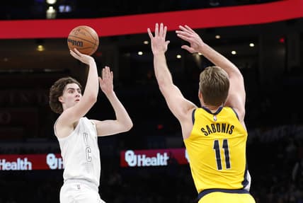 Jan 28, 2022; Oklahoma City, Oklahoma, USA; Oklahoma City Thunder guard Josh Giddey (3) shoots as Indiana Pacers forward Domantas Sabonis (11) defends the shot during the second half at Paycom Center. Indiana won 113-110 in overtime. Mandatory Credit: Alonzo Adams-USA TODAY Sports