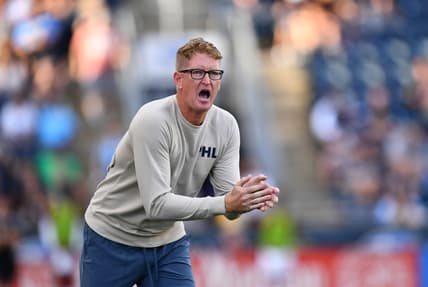 Sep 25, 2021; Philadelphia, Pennsylvania, USA; Philadelphia Union head coach Jim Curtin reacts in the second half against Atlanta United FC at Subaru Park. Mandatory Credit: Kyle Ross-USA TODAY Sports