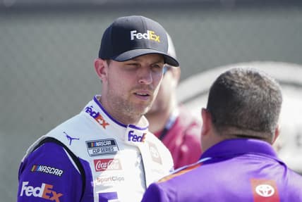 Apr 23, 2022; Talladega, Alabama, USA; NASCAR Cup Series driver Denny Hamlin (11) during qualifying for the GEICO 500 at Talladega Superspeedway. Mandatory Credit: Marvin Gentry-USA TODAY Sports