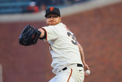 Sep 12, 2022; San Francisco, California, USA; San Francisco Giants starting pitcher Alex Cobb (38) pitches the ball against the Atlanta Braves during the first inning at Oracle Park. Mandatory Credit: Kelley L Cox-USA TODAY Sports