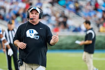 Sep 17, 2022; Durham, North Carolina, USA; Duke Blue Devils head coach Mike Elko reacts during first half against the North Carolina A&T Aggies at Wallace Wade Stadium. Mandatory Credit: Jaylynn Nash-USA TODAY Sports