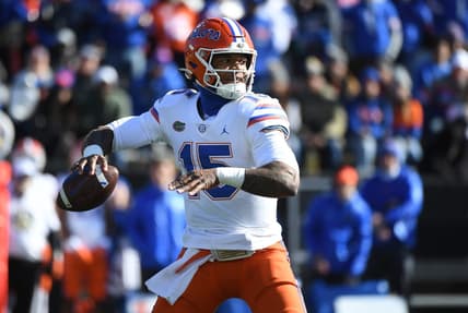 Nov 19, 2022; Nashville, Tennessee, USA; Florida Gators quarterback Anthony Richardson (15) attempts a pass during the first half against the Vanderbilt Commodores at FirstBank Stadium. Mandatory Credit: Christopher Hanewinckel-USA TODAY Sports