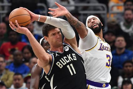 Dec 2, 2022; Milwaukee, Wisconsin, USA; Los Angeles Lakers forward Anthony Davis (3) attempts to get the ball from Milwaukee Bucks center Brook Lopez (11) at Fiserv Forum. Mandatory Credit: Michael McLoone-USA TODAY Sports