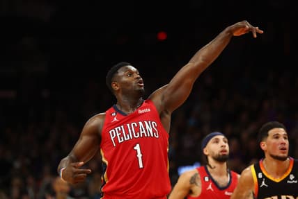 Dec 17, 2022; Phoenix, Arizona, USA; New Orleans Pelicans forward Zion Williamson (1) against the Phoenix Suns at Footprint Center. Mandatory Credit: Mark J. Rebilas-USA TODAY Sports