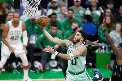 Feb 1, 2023; Boston, Massachusetts, USA; Boston Celtics forward Jayson Tatum (0) drives to the basket against the Brooklyn Nets in the second quarter at TD Garden. Mandatory Credit: David Butler II-USA TODAY Sports
