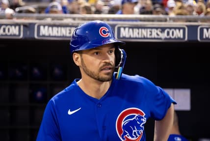 Mar 3, 2023; Peoria, Arizona, USA; Chicago Cubs designated hitter Trey Mancini against the San Diego Padres during a spring training game at Peoria Sports Complex. Mandatory Credit: Mark J. Rebilas-USA TODAY Sports