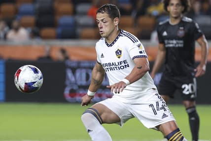 Apr 8, 2023; Houston, Texas, USA; LA Galaxy forward Javier Hernandez (14) in action during the match against the Houston Dynamo FC at Shell Energy Stadium. Mandatory Credit: Troy Taormina-USA TODAY Sports