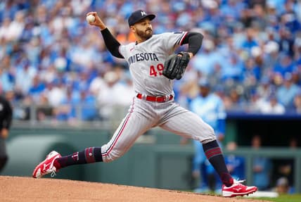 Mar 30, 2023; Kansas City, Missouri, USA; Minnesota Twins starting pitcher Pablo Lopez (49) pitches during the first inning against the Kansas City Royals at Kauffman Stadium. Mandatory Credit: Jay Biggerstaff-USA TODAY Sports